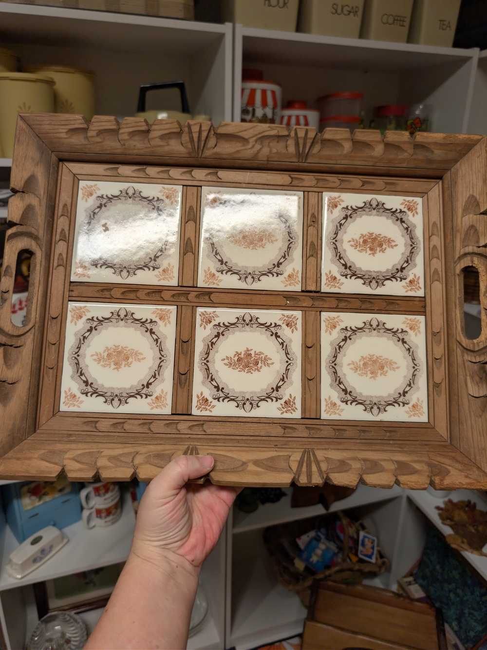 Wood & Mexican Tile Decorative Serving Tray - Brown and Cream Vintage